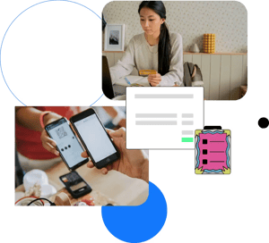 Vrouw online winkelen, handen houden telefoons voor betaling, grafisch accent overlays