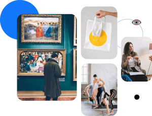Mann som ser på malerier i galleri, yogatime, shopping og terapitime collagert.