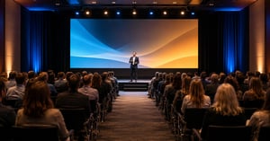 Taler på scenen foran en fyldt konferencesal