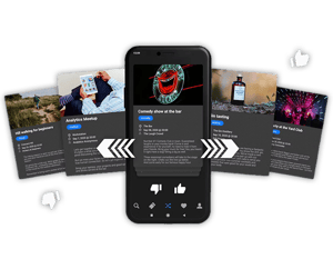 Billetto app on a phone showing swipeable event cards with thumbs-up and thumbs-down buttons