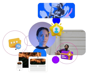 Illustration combining event visuals, digital discount cards, loyalty perks, and user profiles to highlight personalized event offers and promotions.