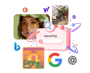Collage af søgemaskiner, AI-værktøjer, eventbilleder og portrætter, der symboliserer opdagelse af SEO-events.