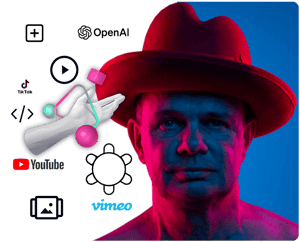 Mand med rød hat og neonbelysning, omgivet af medieikoner og abstrakt digital grafik.