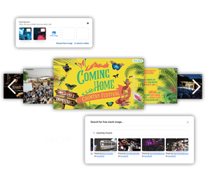 Bannere til countrymusik-begivenheder og søgeresultater for stockbilleder af countrymusik vises på skærmen.
