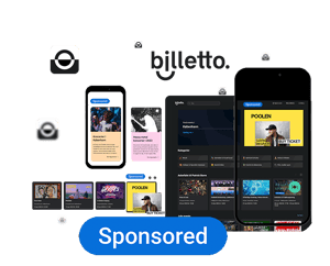 Billetto-interface, der viser sponsorerede eventlister på tværs af mobil- og desktopskærme med fremhævede annoncer.