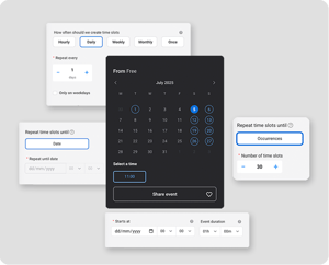 Bookinginterface med mulighed for tilpasning af kalender, tidsrumsfrekvens, starttider og eventvarighed