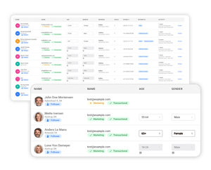 Detaljeret dashboard med kontaktlister, der viser brugernavne, e-mails, alder, køn, omsætning og markedsføringspræferencer til segmentering af målgruppen.
