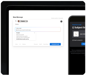 E-mailkampagne-editor med kladdegrænseflade på desktop og forhåndsvisning af besked på mobilskærm.