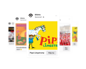 Billetto Facebook-annonce med Pippi Långstrump-begivenhed med lysegul baggrund og call-to-action-knap.