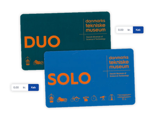 Dansk Museums gavekort mærket DUO og SOLO, med ikoner og prisskilte, der viser 0,00 kr.