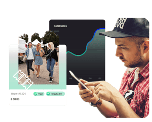Event organiser reviewing ticket sales and revenue growth on a phone