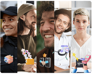 Fem smilende teammedlemmer side om side, hver parret med farverige ikoner, der symboliserer deres unikke roller - sikkerhed, marketing, partnerskaber, udvikling og økonomi.