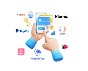 Mobile checkout with a payment card and icons for payment methods such as Klarna, PayPal, Swish and MobilePay