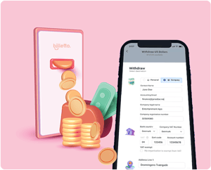 Mobilgrænseflade, der viser virksomhedens udbetalingsopsætning med mønter og sedler, der flyder fra en Billetto-branded hæveautomat, der illustrerer digitale udbetalinger.