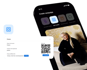 Smart Link-grænsefladen viser opsætning af QR-kode og affiliate-link til kampagneplakater på en mobilskærm.