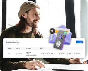 Mand ved skrivebord med indstillinger for eventadgang på skærmen, der viser nøgletilladelser til scanning, salg og dataadgang