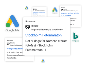 Billetto-begivenhedsannoncer, der vises i Googles og Bings søgeresultater, og som promoverer begivenheder som Stockholm Fotomaraton.