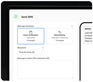 SMS-dashboard-grænseflade med muligheder for at sende begivenhedsmeddelelser eller remarketingbeskeder, vise modtagere og en boks med beskedindhold.
