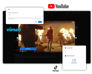 Rockkoncertvideo, der afspilles på Vimeo, med YouTube- og TikTok-upload-meddelelser overlejret